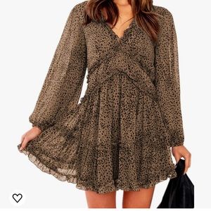 Bohemian Leopard Printed Deep V Neck Long Sleeve Mini Short Dress - Size M